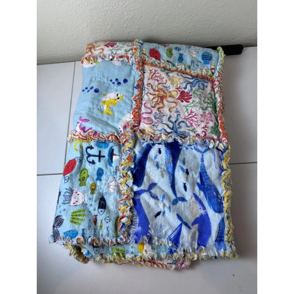 Handmade Shark Sea Creature Flannel Rag Quilt Kids Soft Coastal Nautical‎ Indie
